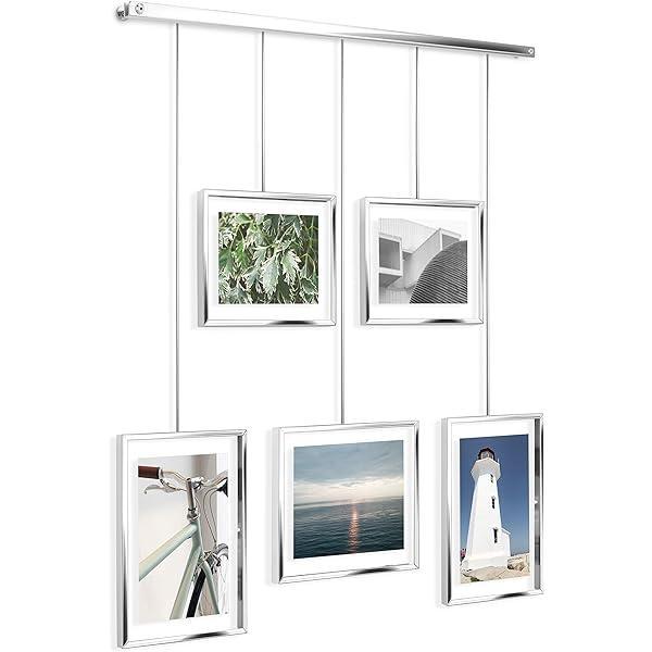 Ramă foto Umbra Exhibit Photo Collage - Set rame foto flexibile pentru montare orizontală și diagonală, pentru 5 fotografii, printuri artistice, poze, alamă mată, 10 x 15 și 13 x 18 cm, 5 rame