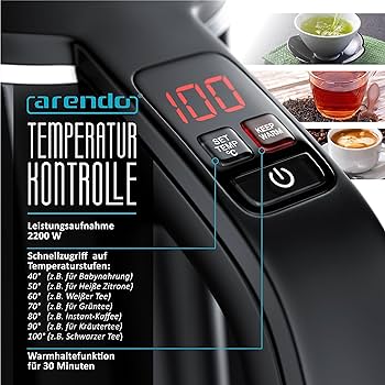 Arendo - ceainic din inox cu reglare a temperaturii | 7 niveluri de temperatură selectabile de la 40°C - 100°C și funcție de menținere la cald | Design cu perete dublu cu atingere rece | Certificat fără BPA