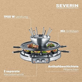 Combinație de crepe pentru fondue SEVERIN, set de fondue care se poate spăla în mașina de spălat vase cu 8 furculițe cu coduri de culori, combinație de aparat de creponat pentru fondue din oțel inoxidabil, negru, FO 2471
