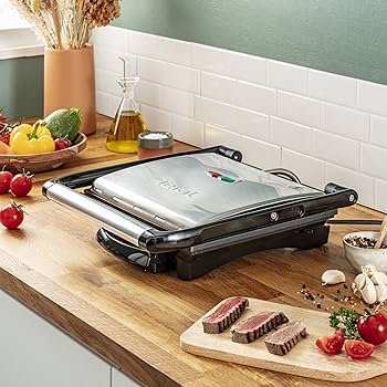 Grătar de contact Tefal Inicio GC241D | Pâine electric grătar/sandwich | Grătar cu conținut scăzut de grăsimi | Panini, pâine prăjită, friptură, legume | Plăci pentru grătar antiaderente | 2000W | 36,3x10,8x33,2cm | Oțel inoxidabil/negru