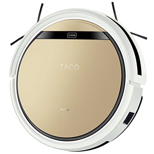 Robot aspirator ZACO V5sPro cu funcție de ștergere, robot aspirator automat, ștergere umedă 2 în 1 până la 180 mp sau aspirare, pentru podele dure, protecție împotriva căderii, fără sac, cu stație de încărcare, 22W, 300ml, auriu