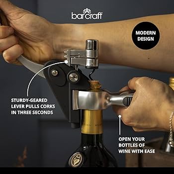BarCraft tirbușon cu pârghie și deschizător de sticle de vin, cu dop de sticle, tăietor de folie și șurub antiaderent de schimb, sclipitor de metal, 1 set cu cutie de prezentare