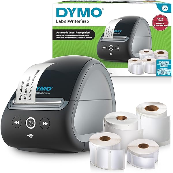 Imprimantă și etichete DYMO LabelWriter 550, 2 x etichete multifuncționale LW (1.320 în total), 1 xLW etichete de nume (300 pe rolă), etichete LW rezistente (160 pe rolă), priză UE