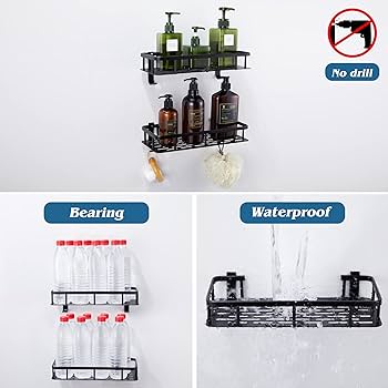 GERUIKE Raft de duș Raft de colț Duș Raft de duș fără găurire Raft de colț Coș de duș pentru baie și bucătărie Organizator de duș Rafturi de duș autoadezive Coș de duș dreptunghiular negru