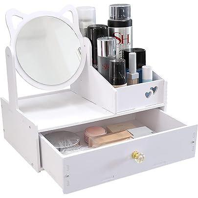 LEcylankEr Organizator de cosmetice, Organizator de masă de toaletă cu oglindă, Organizator de cosmetice de birou alb, Organizator de machiaj alb cu sertar pentru comodă/dormitor/baie (oglindă pătrată)