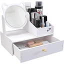 LEcylankEr Organizator de cosmetice, Organizator de masă de toaletă cu oglindă, Organizator de cosmetice de birou alb, Organizator de machiaj alb cu sertar pentru comodă/dormitor/baie (oglindă pătrată)