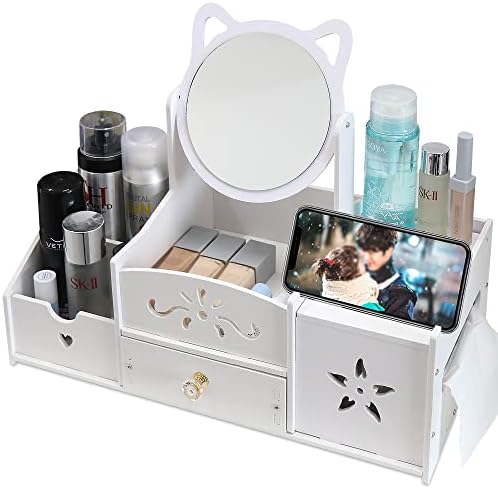 LEcylankEr Organizator de cosmetice, Organizator de masă de toaletă cu oglindă, Organizator de cosmetice de birou alb, Organizator de machiaj alb cu sertar pentru comodă/dormitor/baie (oglindă pătrată)