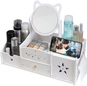 LEcylankEr Organizator de cosmetice, Organizator de masă de toaletă cu oglindă, Organizator de cosmetice de birou alb, Organizator de machiaj alb cu sertar pentru comodă/dormitor/baie (oglindă pătrată)