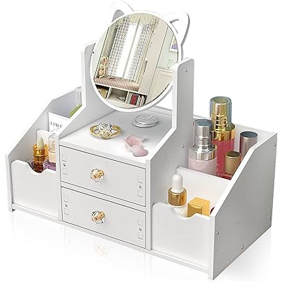 LEcylankEr Organizator de cosmetice, Organizator de masă de toaletă cu oglindă, Organizator de cosmetice de birou alb, Organizator de machiaj alb cu sertar pentru comodă/dormitor/baie (oglindă pătrată)