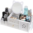 LEcylankEr Organizator de cosmetice, Organizator de masă de toaletă cu oglindă, Organizator de cosmetice de birou alb, Organizator de machiaj alb cu sertar pentru comodă/dormitor/baie (oglindă pătrată)