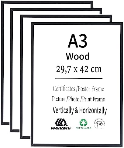 Rame foto certificate A3, pachet de 4 rame foto negre cu plexiglas pentru afișaj montat pe perete, 29,7x42 cm, set de 4