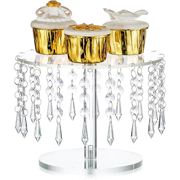 NUPTIO Suport acrilic pentru tort Suport pentru cupcake de nunta cu diametrul de 26 cm Desert transparent ceai de dupa-amiaza Ceai de ceai Tort Tava de dulciuri cu pandantiv de cristal pentru nunti Petrecere de aniversare Baby Shower