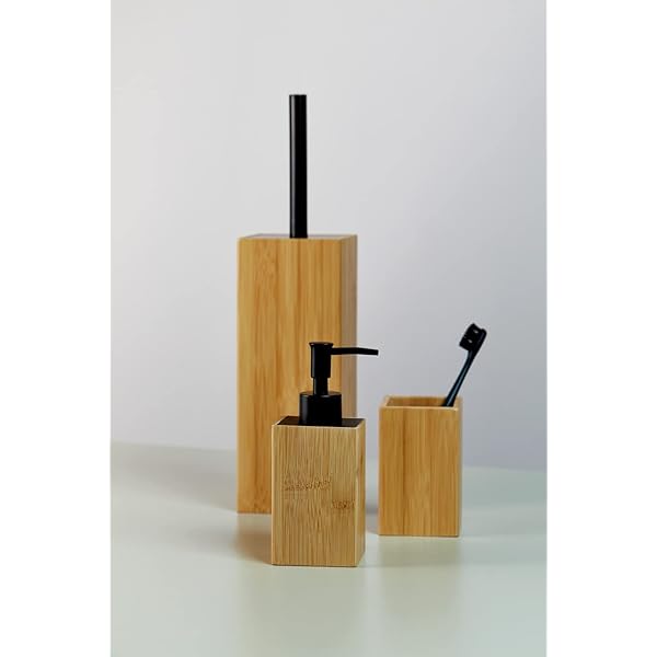 Dozator de sapun WENKO Padova, dozator cu pompa reincarcabila din bambus, dozator de sapun de calitate superioara pentru bucatarie si baie, accesoriu de baie cu capacitate de pana la 210 ml sapun, 8 x 18 x 7 cm, natural/negru