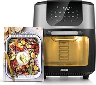 Cuptor Princess Aerofryer DeLuxe cu 11L - 60% mai puțin consum de energie - 65-200°C - 10 programe - inclusiv coș rotativ - rotisor - 3 tăvi de copt - tavă pesmet - 1800W, 45x38.6x46.6cm, negru / argintiu-182075