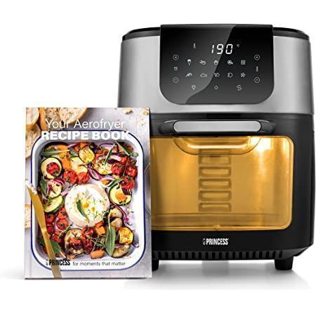 Cuptor Princess Aerofryer DeLuxe cu 11L - 60% mai puțin consum de energie - 65-200°C - 10 programe - inclusiv coș rotativ - rotisor - 3 tăvi de copt - tavă pesmet - 1800W, 45x38.6x46.6cm, negru / argintiu-182075