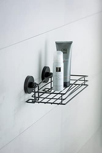 Raft de perete WENKO Vacuum-Loc® negru, poliță de duș cu design coș de sârmă deschis din oțel vopsit în stil mansardă, poliță de perete pentru atașare fără găurire cu atașament cu vid, 26 x 6,5 x 14 cm
