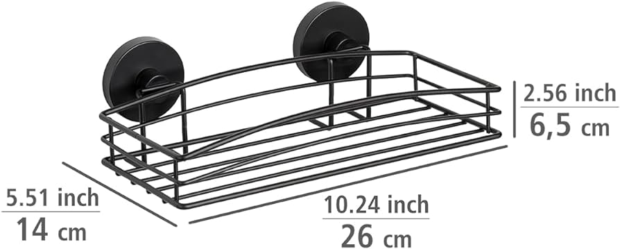 Raft de perete WENKO Vacuum-Loc® negru, poliță de duș cu design coș de sârmă deschis din oțel vopsit în stil mansardă, poliță de perete pentru atașare fără găurire cu atașament cu vid, 26 x 6,5 x 14 cm