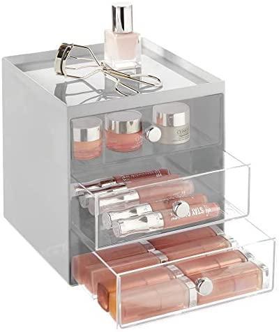 iDesign 3 sertare de depozitare pentru machiaj, cutie compactă de depozitare din plastic pentru machiaj sau produse cosmetice, cutie de bijuterii stivuită, transparent