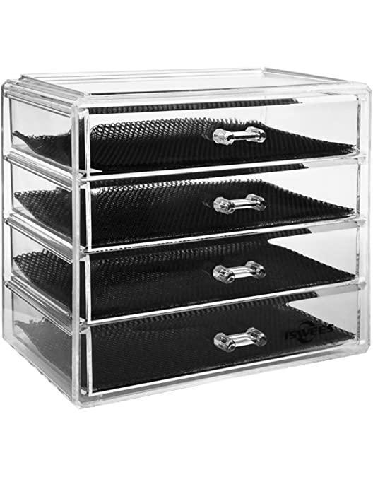 iDesign 3 sertare de depozitare pentru machiaj, cutie compactă de depozitare din plastic pentru machiaj sau produse cosmetice, cutie de bijuterii stivuită, transparent
