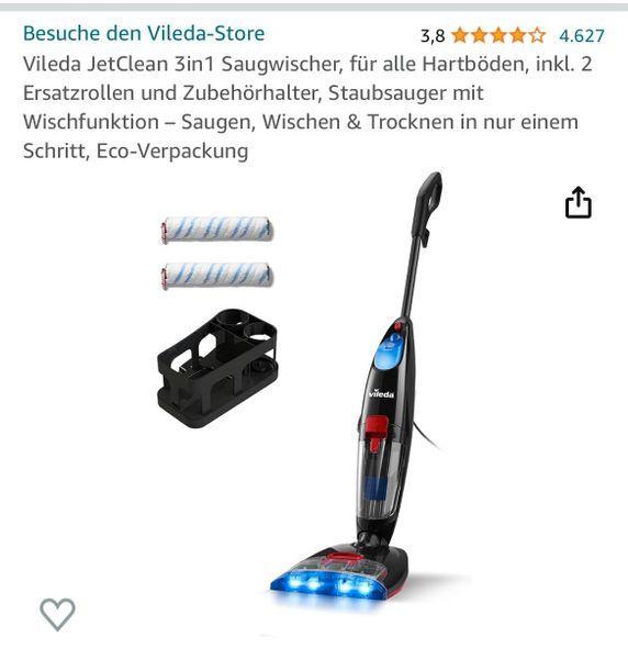 Aspirator Vileda JetClean 3 în 1, pentru toate podelele dure, inclusiv 2 role de schimb și suport pentru accesorii, aspirator cu funcție de ștergere - aspirare, ștergere și uscare într-un singur pas, ambalaj ecologic