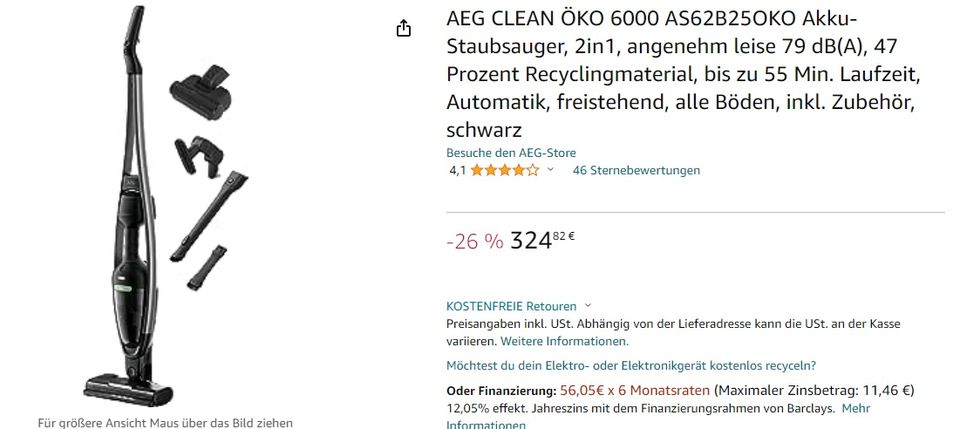 Aspirator fără fir AEG CLEAN ÖKO 6000 AS62B25OKO, 2 în 1, plăcut silențios 79 dB(A), 47% material reciclat, timp de funcționare de până la 55 de minute, automat, de sine stătător, toate podelele, inclusiv accesoriile, negru