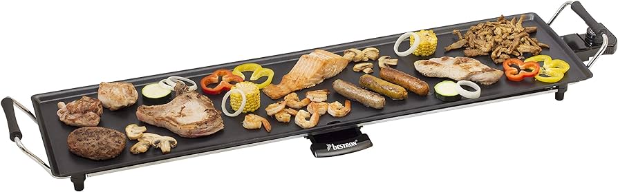 Gratar electric de masa Bestron, placa gratar plancha/teppanyaki XL cu invelis antiaderent, distractie la gratar pentru pana la 6 persoane, suprafata gratar extra lunga, 1.800 wati, culoare; Negru