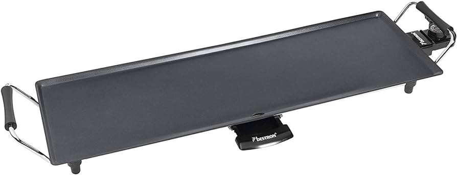 Gratar electric de masa Bestron, placa gratar plancha/teppanyaki XL cu invelis antiaderent, distractie la gratar pentru pana la 6 persoane, suprafata gratar extra lunga, 1.800 wati, culoare; Negru