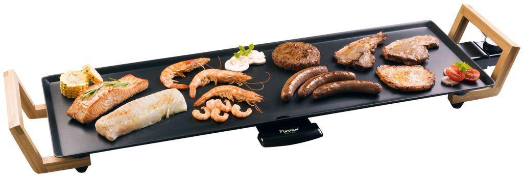 Gratar electric de masa Bestron, placa gratar plancha/teppanyaki XL cu invelis antiaderent, distractie la gratar pentru pana la 6 persoane, suprafata gratar extra lunga, 1.800 wati, culoare; Negru