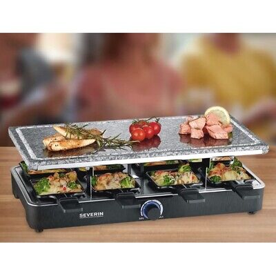 Grătar de petrecere raclette SEVERIN cu piatră naturală de grătar, raclette cu placă de grătar din piatră și 8 tigăi acoperite antiaderent, grătar de masă pentru 8 persoane, max 1300 W, negru, RG 2372