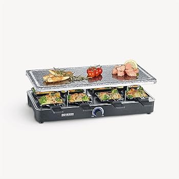 Grătar de petrecere raclette SEVERIN cu piatră naturală de grătar, raclette cu placă de grătar din piatră și 8 tigăi acoperite antiaderent, grătar de masă pentru 8 persoane, max 1300 W, negru, RG 2372
