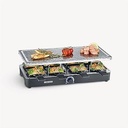 Grătar de petrecere raclette SEVERIN cu piatră naturală de grătar, raclette cu placă de grătar din piatră și 8 tigăi acoperite antiaderent, grătar de masă pentru 8 persoane, max 1300 W, negru, RG 2372
