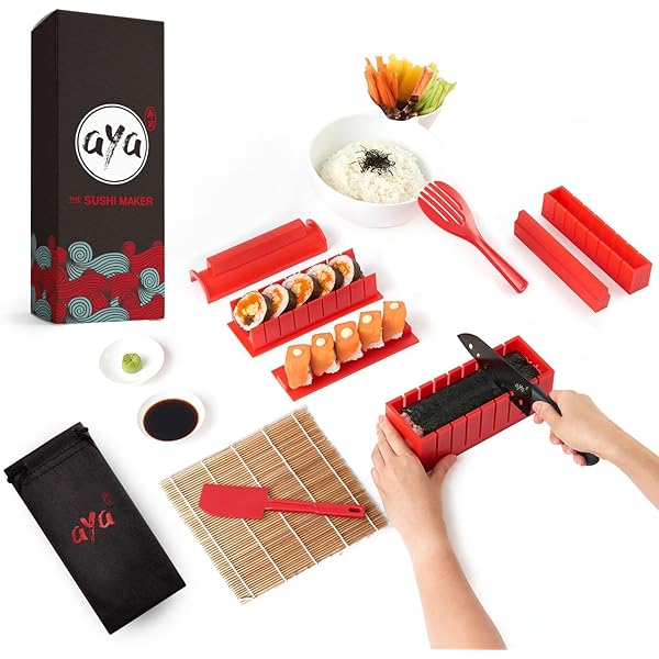Setul de sushi de la The Kit Company™ | Accesorii și unelte din 15 piese, inclusiv o carte electronică detaliată | Cutit sushi profesional, spatula cu geanta de transport