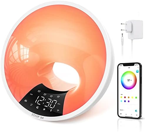 EDUP IN Lumină Ceas deşteptător Lumină de trezire Ceas deşteptător inteligent Simulează răsăritul Difuzor Bluetooth Control APP 4 Ceasuri cu alarmă Amânare 16 milioane de lumină de noapte 7 tonuri naturale Conexiune USB reglabil Adaptor radio Alb