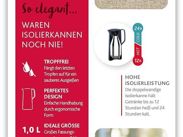 Emsa N41707 ulcior cu vid Motiva | 1 litru | Plastic, închidere rapidă | 12 ore cald, 24 ore rece | Balon de sticlă | Fabricat în Germania | Design nordic | Negru