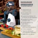 Masina de tocat carne Fackelmann #easyprepare cu accesoriu pentru patiserie - rasnita rotativa pentru carne sau ca presa de patiserie pentru coacere - 2 discuri perforate (tocat fin si grosier) & 6 forme pentru biscuiti
