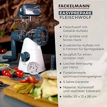 Masina de tocat carne Fackelmann #easyprepare cu accesoriu pentru patiserie - rasnita rotativa pentru carne sau ca presa de patiserie pentru coacere - 2 discuri perforate (tocat fin si grosier) & 6 forme pentru biscuiti