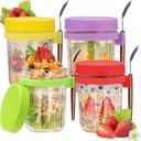 Jogoico 2 pachete de pahare de sticlă cu muesli cu lingură, căni de iaurt, pahare de ovăz peste noapte, căni de iaurt de 350 ml, borcane de conservare, recipient ermetic pentru muesli, terci, lapte, fructe (galben)