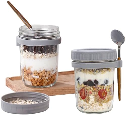 Jogoico 2 pachete de pahare de sticlă cu muesli cu lingură, căni de iaurt, pahare de ovăz peste noapte, căni de iaurt de 350 ml, borcane de conservare, recipient ermetic pentru muesli, terci, lapte, fructe (galben)