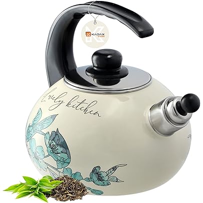 Fierbător KADAX, Fierbător din oțel inoxidabil, Fierbător cu fluier de 2,2 L, Fierbător pentru aragaz cu inducție și pe gaz, Fierbător de ceai, Fierbător emailat, Fierbător retro cu fluier (Flori verzi)