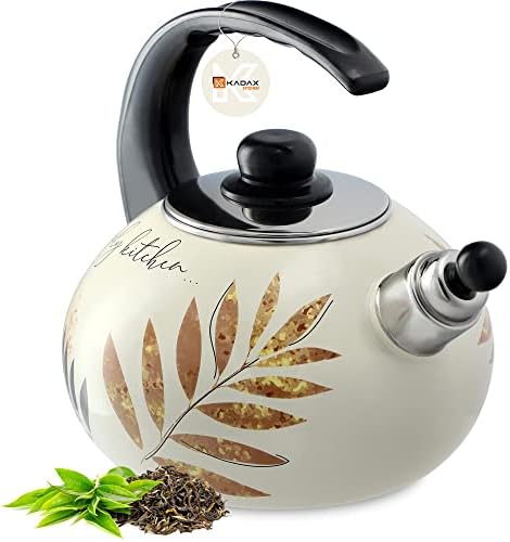 Fierbător KADAX, Fierbător din oțel inoxidabil, Fierbător cu fluier de 2,2 L, Fierbător pentru aragaz cu inducție și pe gaz, Fierbător de ceai, Fierbător emailat, Fierbător retro cu fluier (Flori verzi)