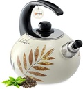 Fierbător KADAX, Fierbător din oțel inoxidabil, Fierbător cu fluier de 2,2 L, Fierbător pentru aragaz cu inducție și pe gaz, Fierbător de ceai, Fierbător emailat, Fierbător retro cu fluier (Flori verzi)