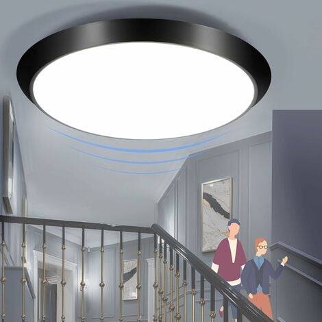 Plafoniera LED din lemn cu senzor de mișcare Lampă de interior cu senzor de mișcare Lampă de tavan rotundă modernă cu senzor de lumină de zi Plafoniera pentru hol Coridor Scări Camera de zi Balcon Bucătărie Verandă Birou (alb, 30 cm)