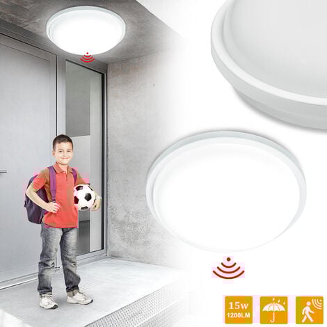 Plafoniera LED din lemn cu senzor de mișcare Lampă de interior cu senzor de mișcare Lampă de tavan rotundă modernă cu senzor de lumină de zi Plafoniera pentru hol Coridor Scări Camera de zi Balcon Bucătărie Verandă Birou (alb, 30 cm)