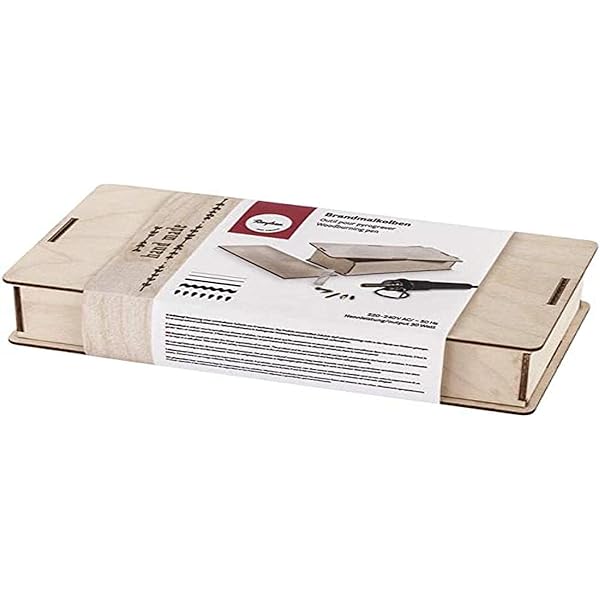 Rayher 89366000 piston pirografic în cutie de lemn, băţ de ardere mic, la îndemână, pentru pirografie pe lemn, plută sau piele, inclusiv 5 accesorii diferite, 1 tavă, 1 piesă de testare din lemn