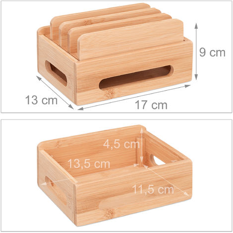 Statie de incarcare din bambus Relaxdays, suport telefon mobil de birou pentru 6 dispozitive, cutie de cablu din lemn pentru comanda, HBT 9 x 17 x 13 cm, natural