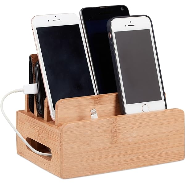 Statie de incarcare din bambus Relaxdays, suport telefon mobil de birou pentru 6 dispozitive, cutie de cablu din lemn pentru comanda, HBT 9 x 17 x 13 cm, natural
