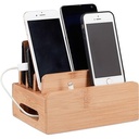 Statie de incarcare din bambus Relaxdays, suport telefon mobil de birou pentru 6 dispozitive, cutie de cablu din lemn pentru comanda, HBT 9 x 17 x 13 cm, natural