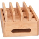Statie de incarcare din bambus Relaxdays, suport telefon mobil de birou pentru 6 dispozitive, cutie de cablu din lemn pentru comanda, HBT 9 x 17 x 13 cm, natural