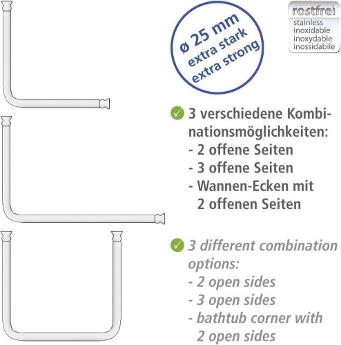 Tijă de duș în unghi WENKO pentru căzi și căzi de duș, 3 opțiuni diferite de combinație, tijă extra lată (Ø25mm), instalație de găurire, aluminiu rezistent la rugină și durabil, alb