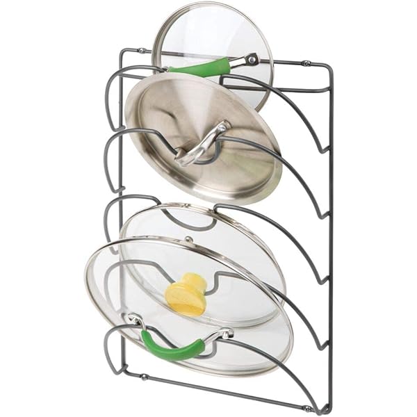 Suport capac vertical pentru oale mDesign - ustensile practice de bucătărie pentru capacele de oale și tigăi - accesorii de bucătărie la îndemână din metal - negru